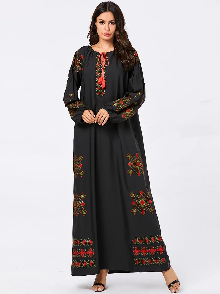 Женское платье с цветочной вышивкой фонарь длинными рукавами кружевное макси abaya