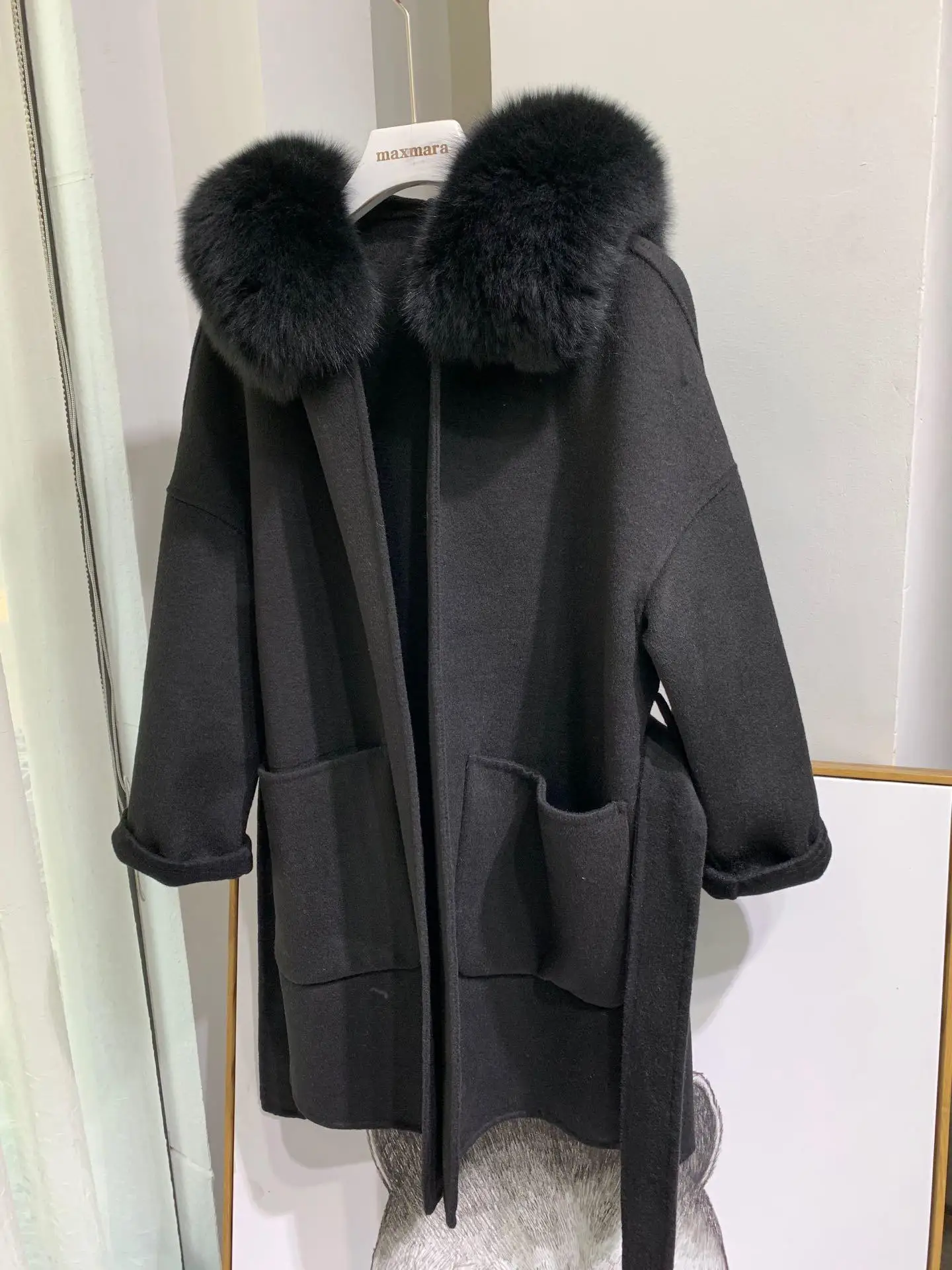 Корейское длинное кашемировое пальто с настоящим бренд Fox Fur Trim Hoodie теплое плотное пальто с большими карманами женская верхняя одежда зимнее пальто