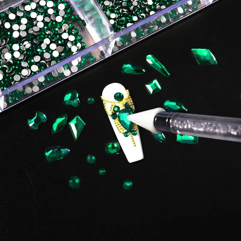 Misscheering 21 Grid Green Nail Rhinestones for DIY Manicure 2021 Fashion Multi-Size Glass Nails Accessories Art Decoration | Красота и