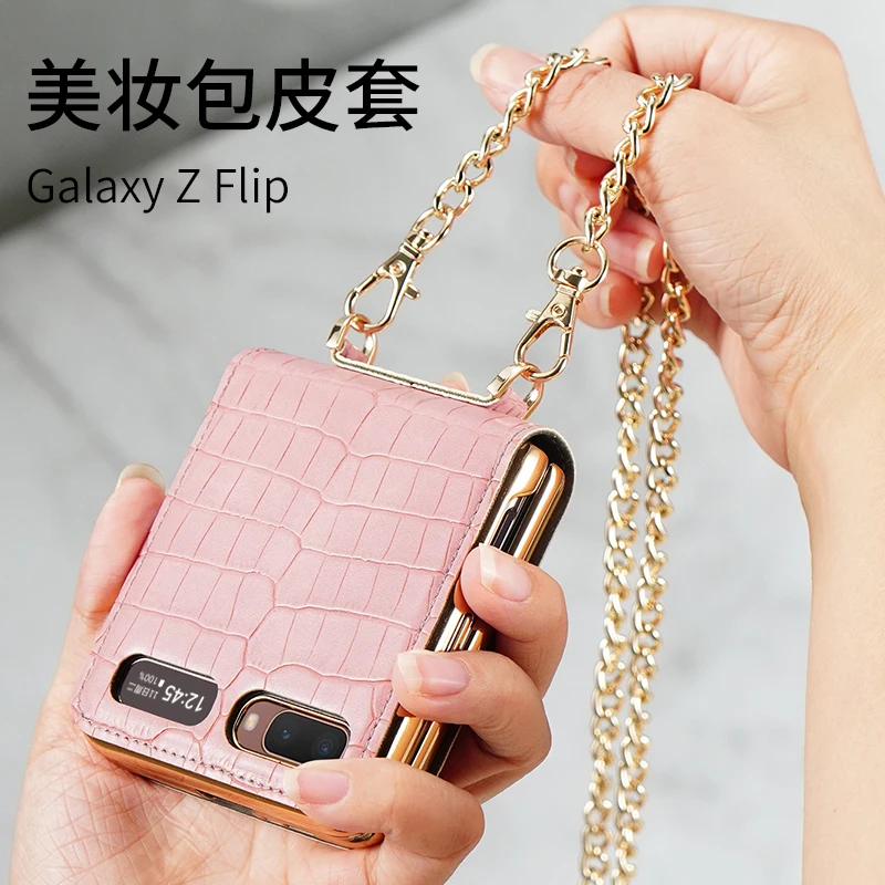 luxury leather flip make up mirror phone case for samsung galaxy z flip f7070 f7000 shockproof back cover with lanyard gift free global shipping