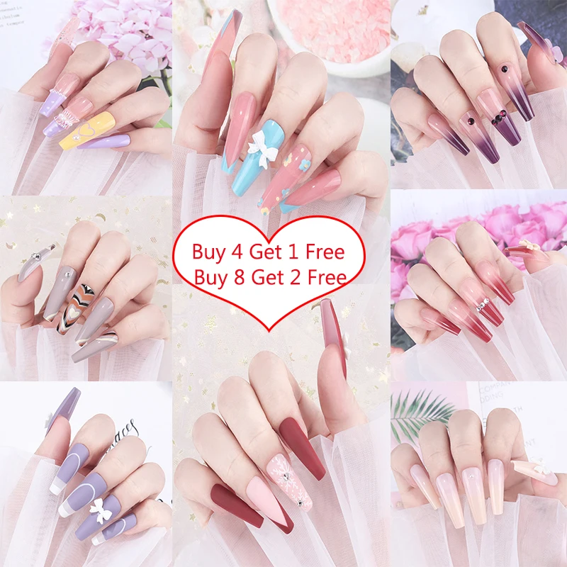 

24Pcs/Box False Nails And Glue Press On Coffin Nails With Diamond French Long Fake Nail Full Cover Nail Tips Press On Nails