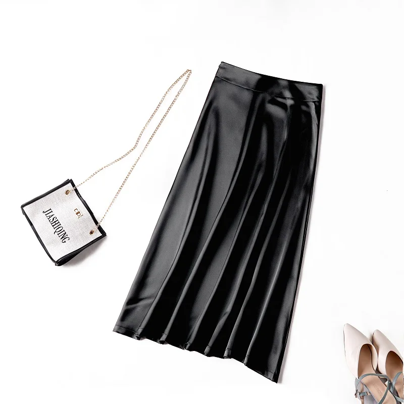 

Юбка FAKUNTN Toppies женская из 2021 искусственного шелка, трапециевидная юбка с завышенной талией, средней длины, Черная