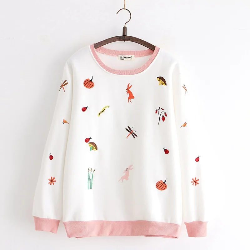 Merry Pretty Хлопковые женские толстовки с мультяшной вышивкой из кусков толстовки зимние пуловеры с длинным рукавом и круглым вырезом в симпатичном стиле - Цвет: Белый