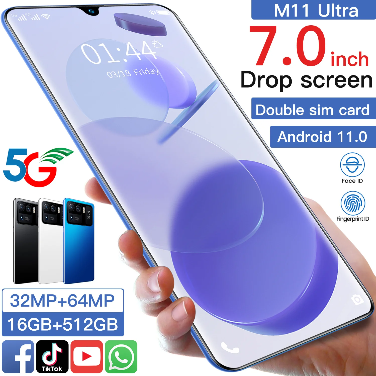 

M11 Ultra Global Version 16GB 512GB 7.0Inch 6800mAh 5G MTK6889 Android 10.0 Smartphone Dual SIM Card Mobile Phone GPS WiFi