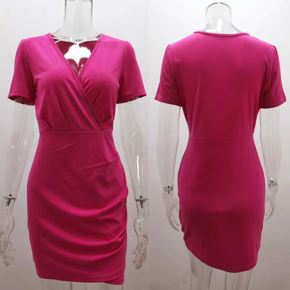 

V Neck Wrinkled Asymmetrical Dress Office Ladies Wrap Hip Short Sleeve Mini Bandage Vestidos De Verano Mujer Casual Streetwear