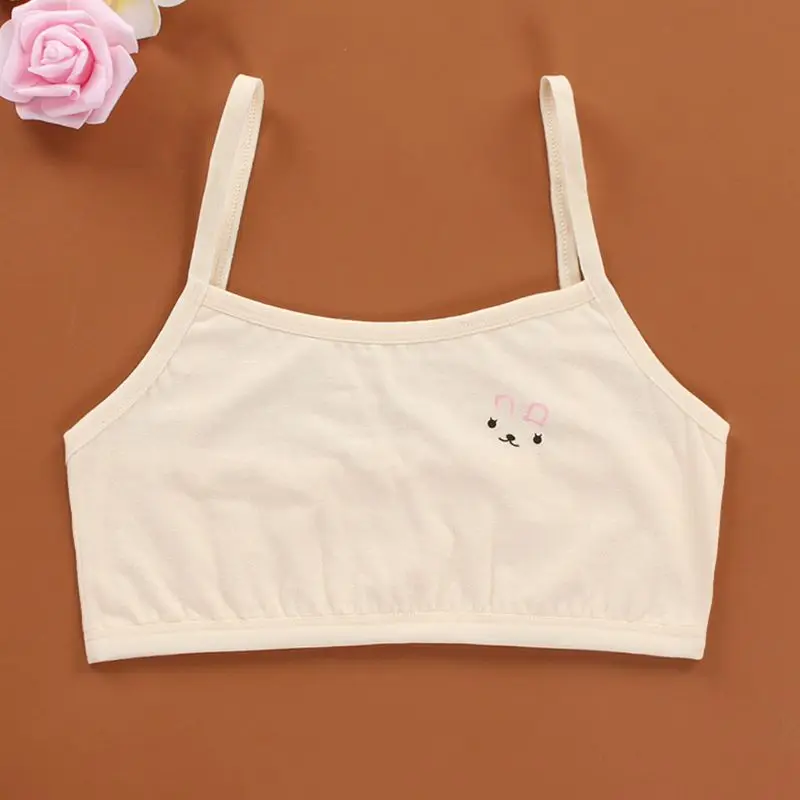 

Teenage Puberty Girls Solid Color Double Layer Underwear Bra Spaghetti Strap Cute Cartoon Rabbit Bralette Summer Basic Crop Top