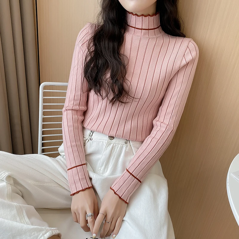 

Утепленный пуловер, свитер, модная Осенняя рубашка с полувысоким воротником, кружевной розовый женский свитер, вязаные свитера, укороченны...