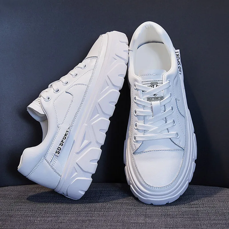 

Women White Shoes High Quality Genuine Leather Lace Up Round Toe Skateboard Sneakers 2021 New Fashion Casual Soilid Footwear