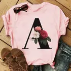 Черная футболка с буквами и цветочным принтом, модная черная розовая футболка с 26 буквами для пары