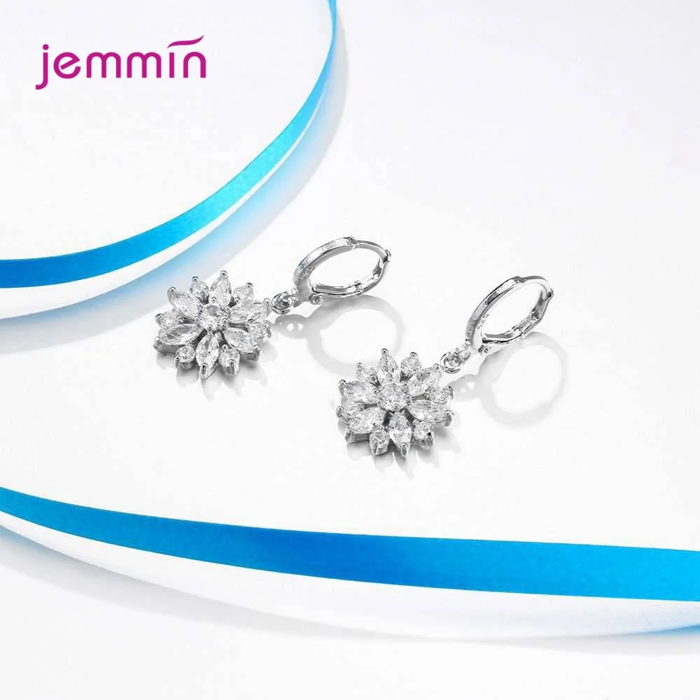 

New Design 925 Sterling Silver Hoop Earrings Necklace Jewelry Set Cubic Zircon Crystal Flower Pendant for Women Wedding Gift