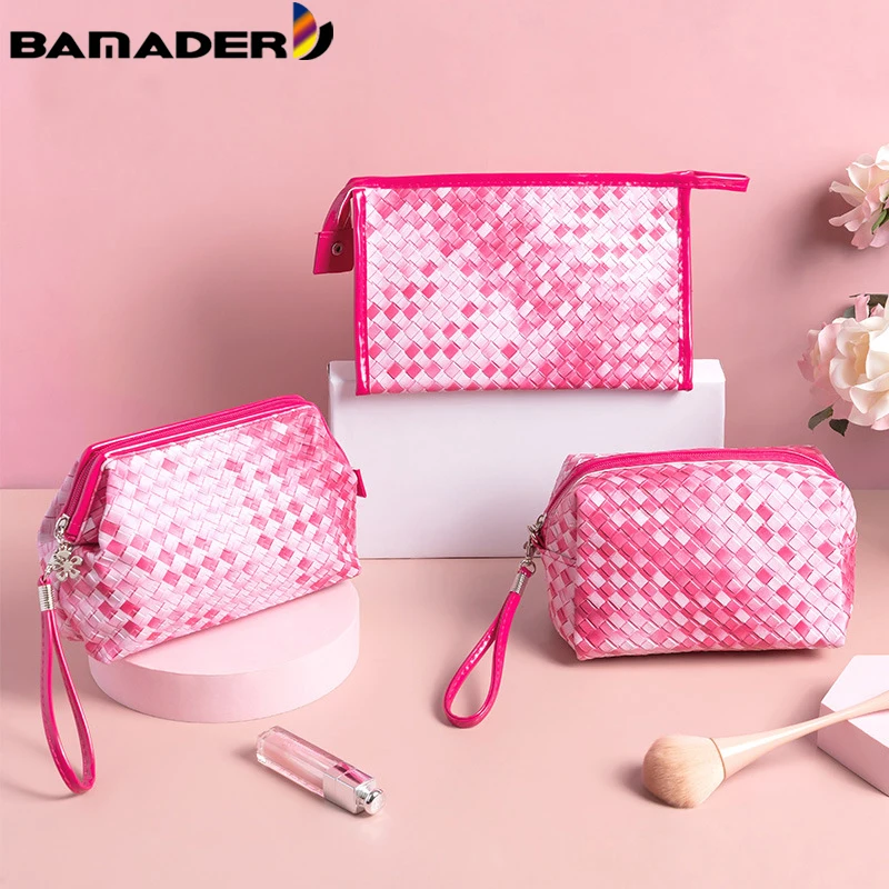 

BAMADER Waterproof Weave Cosmetic Bags Women Cute Portable PU Make Up Bag Wash Toiletry Bag Travel Zipper Organizer Case Handbag