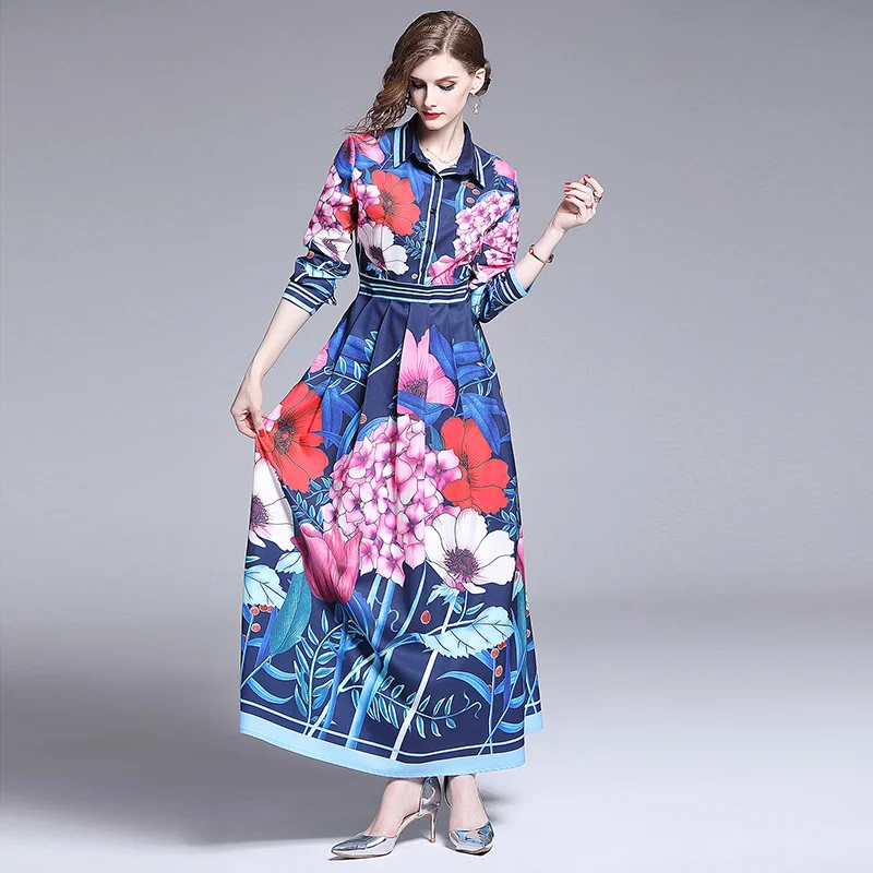 

Autumn Boho Turndown Print Maxi Dress for Women Casual Long Sleeve Fashion Blue High Waist Elegant Club Party Dresses Vestidos