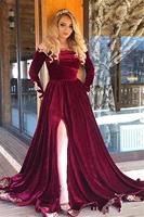 burgundy velvet african evening gowns long sleeves formal dubai arabic high side split prom party dress custom robe de mari%c3%a9e