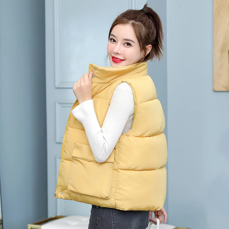 

Women's Winter Jacket With Zipper Short Style Solid Cotton Padded Vest Sleeveless Stand Collar Thick Plus Size Casual Outwear