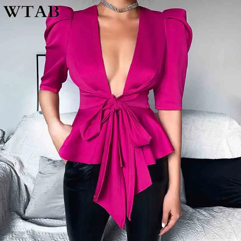 WTAB модные тонкие Топы с бантом и оборками однотонные женские пальто сексуальные