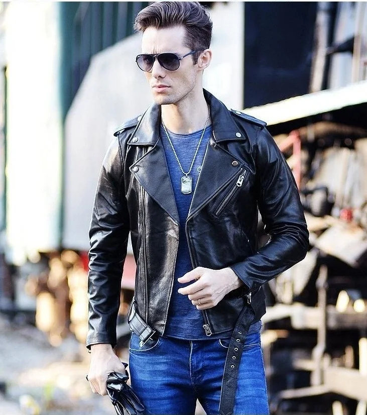 

Cool Style Plus Size Mens Slim Jackets Genuine Leather Motor Coat Sales Biker Cowhide Jacket