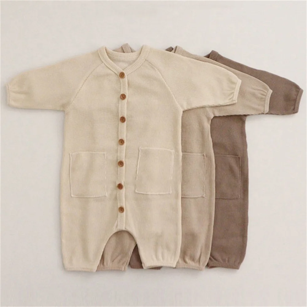 

Newborn Baby Boys Girls Clothes Romper Cute Pocket Long Sleeve Autumn Fall Baby Outfit One Pieces Knitted Ribbed Cotton Jumpsuit
