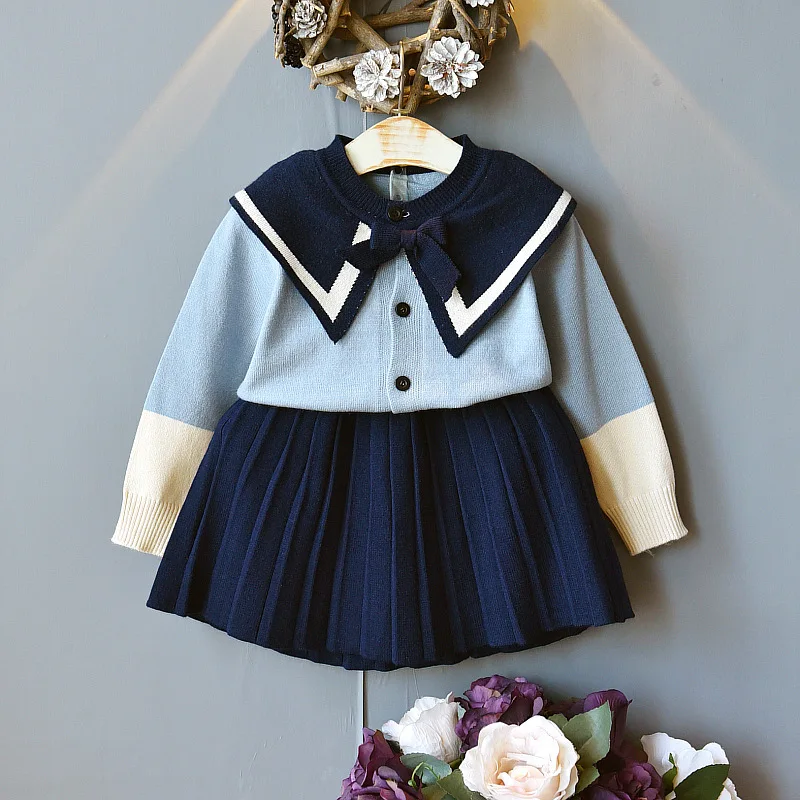 

Autumn Kids Clothes School Uniform Knit Sweater Cardigan Top&skirt Cute Little Girls Clothing Set Warm Outfits