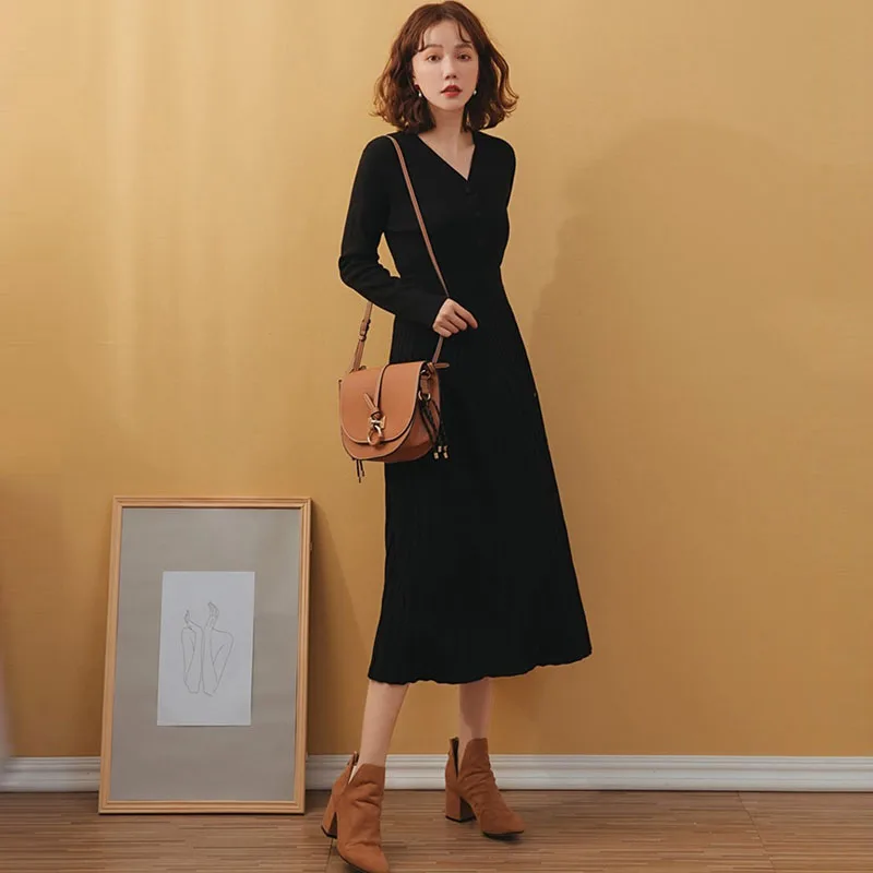 Autumn Winter New Retro Button Knitted Pleated Sweater Dress Women Long Sleeve Pink Black A Line Striped Bodycon Vestidos Mujer | Женская