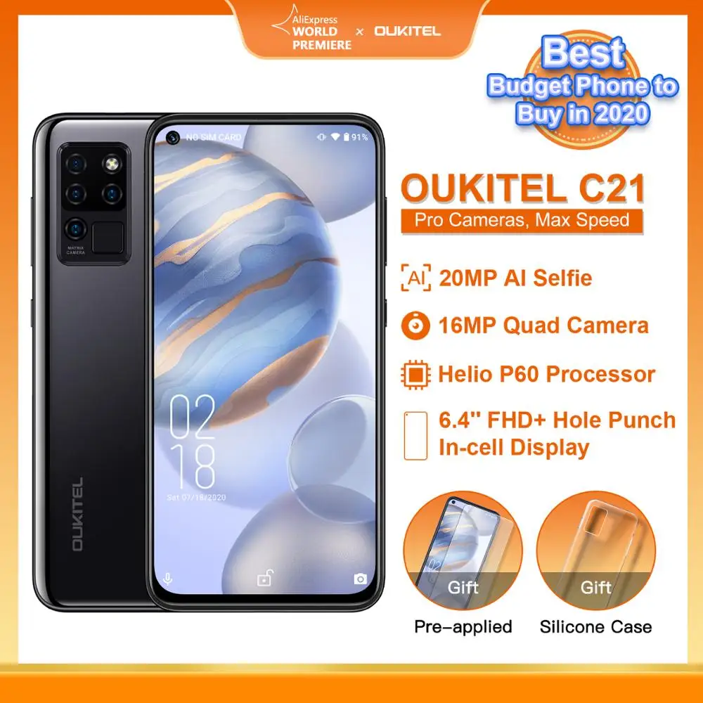 

OUKITEL C21 20MP Selfie 6.4'' FHD Hole Punch Screen Helio P60 4000mAh Octa Core 4G 64G Quad Camera Celular SmartPhone PK XIAO