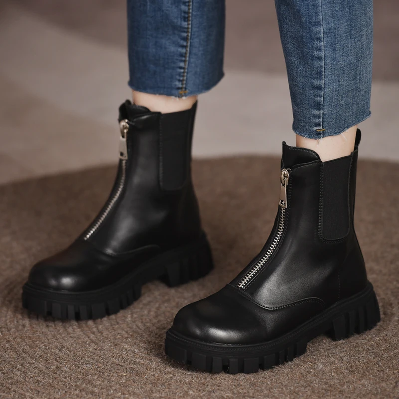 

Rimocy Black Pu Leather Women's Ankle Boots Women 2021 Fashion Front Zipper Platform Boots Woman Round Toe Thick Sole Booties