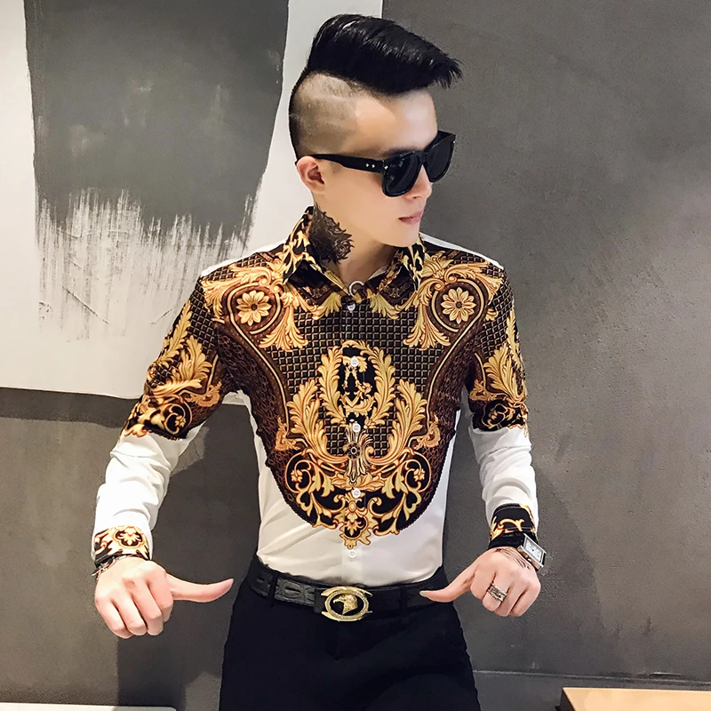 Luxury Paisley Black Gold Printed Shirt Men's Royal Club Clothing Korean Men's Long Sleeve Slim Long Sleeve Shirt Tuxedo Shirt
