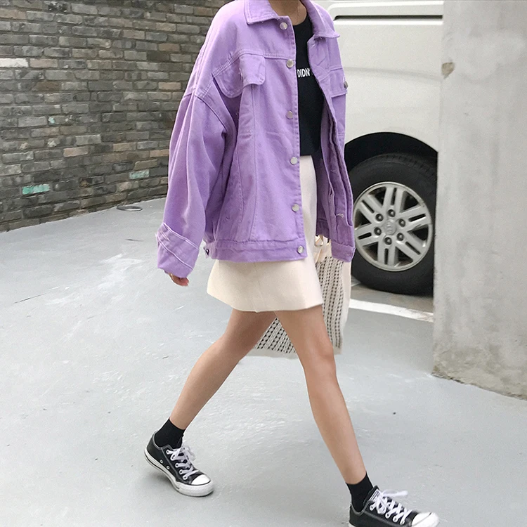 Женская джинсовая куртка фиолетовая Свободная бомбер в стиле преппи Базовая
