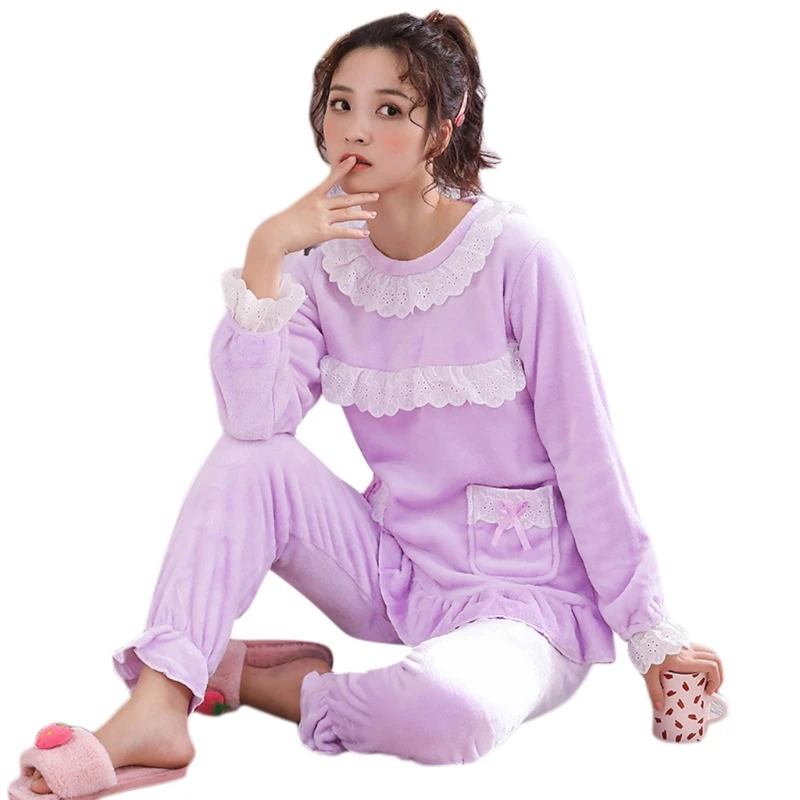 

Women Winter Velvet Pajamas Set Long Sleeve O-Neck Lace Patchwork Tops Loose Pants Bowknot Ruffles Sleepwear Loungewear