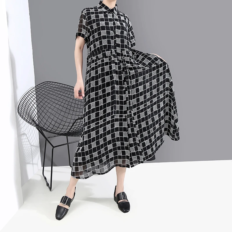 Новый 2020 Для женщин Летнее модное Черное длинное платье в клетку с поясом и