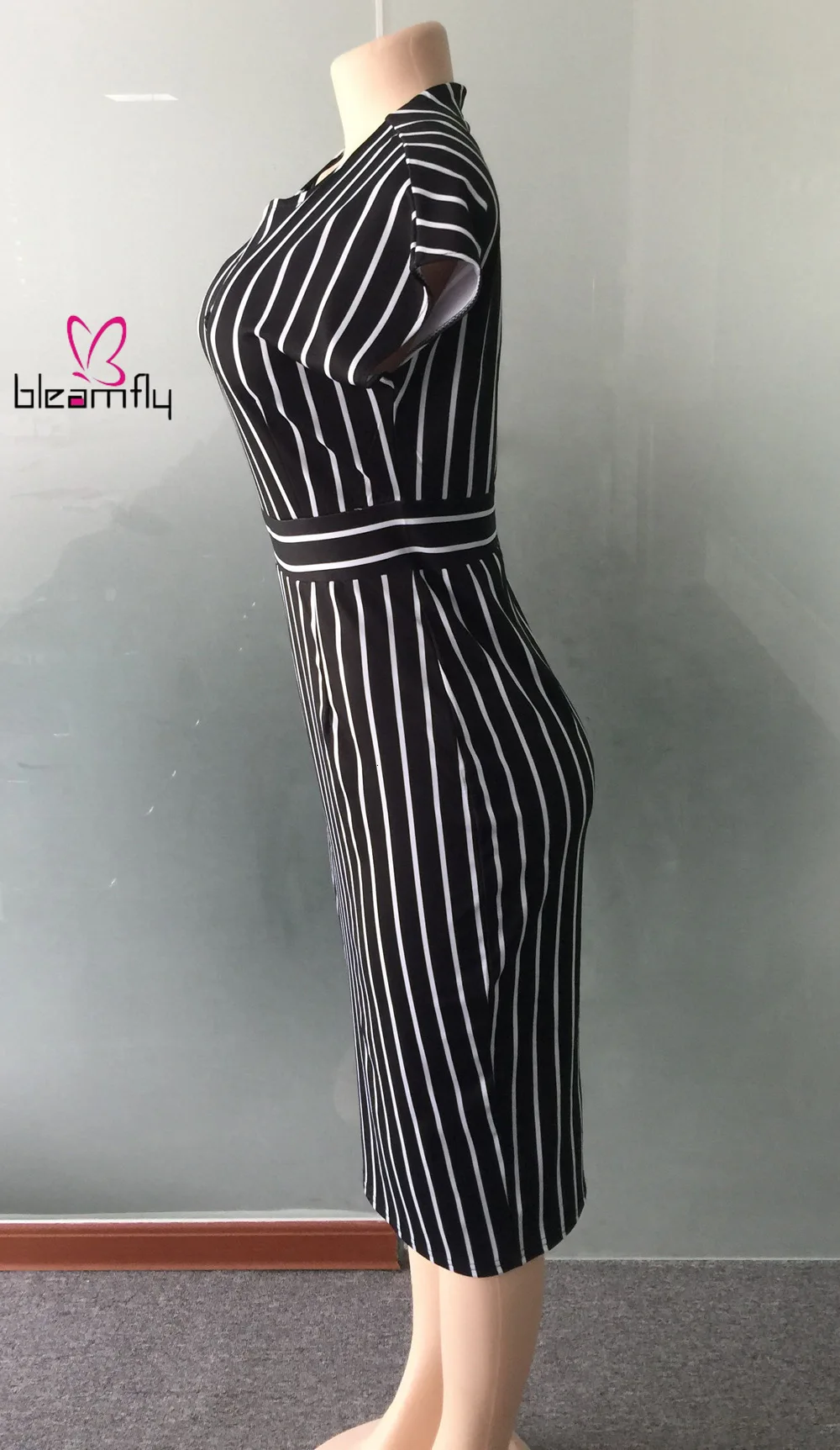 Новинка 2019 женское осеннее платье с коротким рукавом в полоску принтом офисное