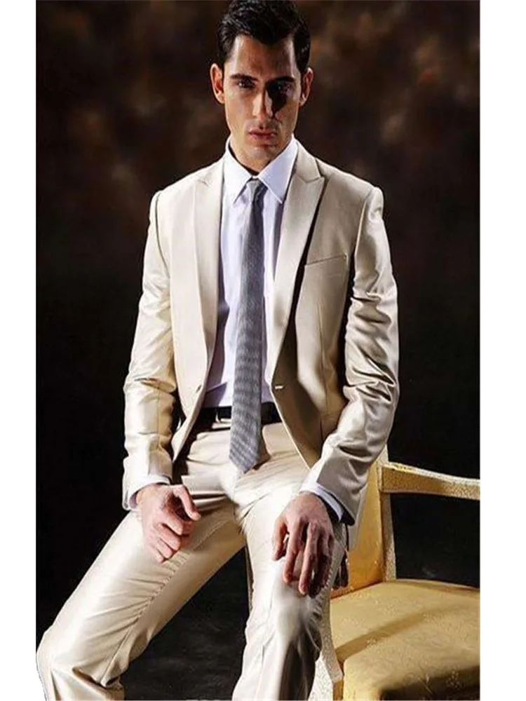 

Two Pieces Custom Made Slim Fit one Buttons Business Groom Tuxedos Notch Lapel Beige Groom Suits(Jacket+Pants+tie)