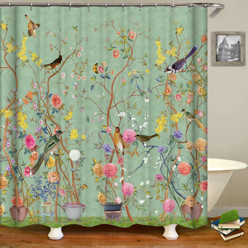 

Chinese Style Flower and Birds Tree Shower Curtains Bath Curtain Waterproof Bathroom Decor with Hooks 3d Printing Bath Curtain