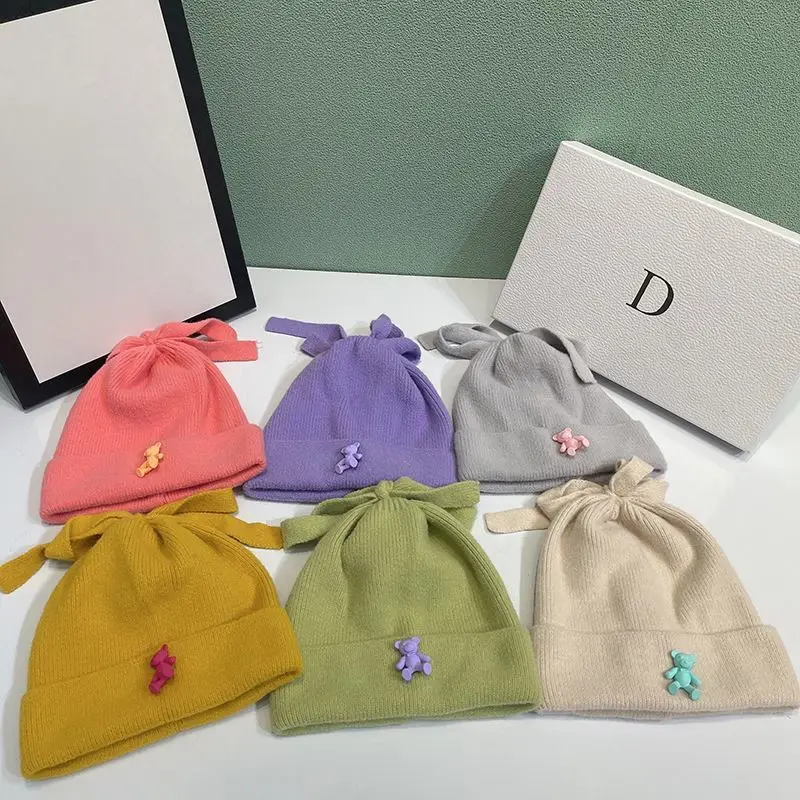 

Knitted Hat Women Beanie Autumn and Winter Fluorescent Bear Cute Bow Wool Hat Women's Caps Wild Warm Ear Protection Hat Skullies