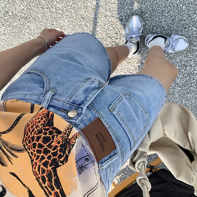 

Fitaylor 2021 Spring Summer Women High Waist Blue Jeans Shorts Streetwear Female Asymmetrical Pocket Loose Denim Ladies Shorts
