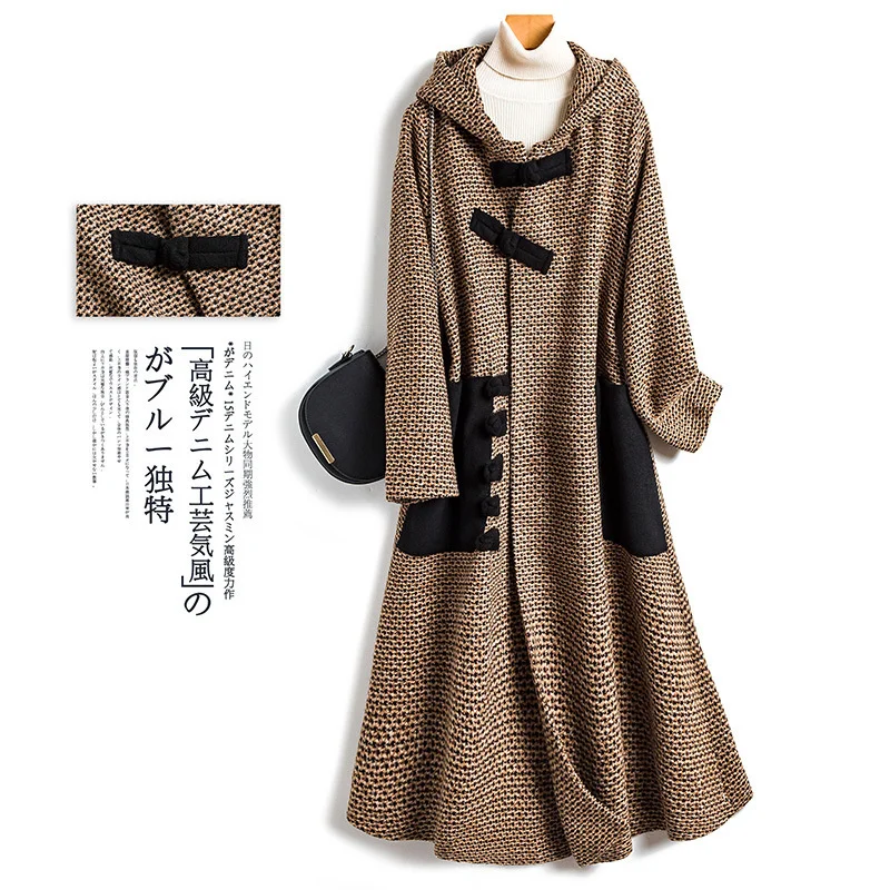 

Qianniao grid wool coat women's middle long 2020 new autumn and winter age reducing loose woolen coat 4865