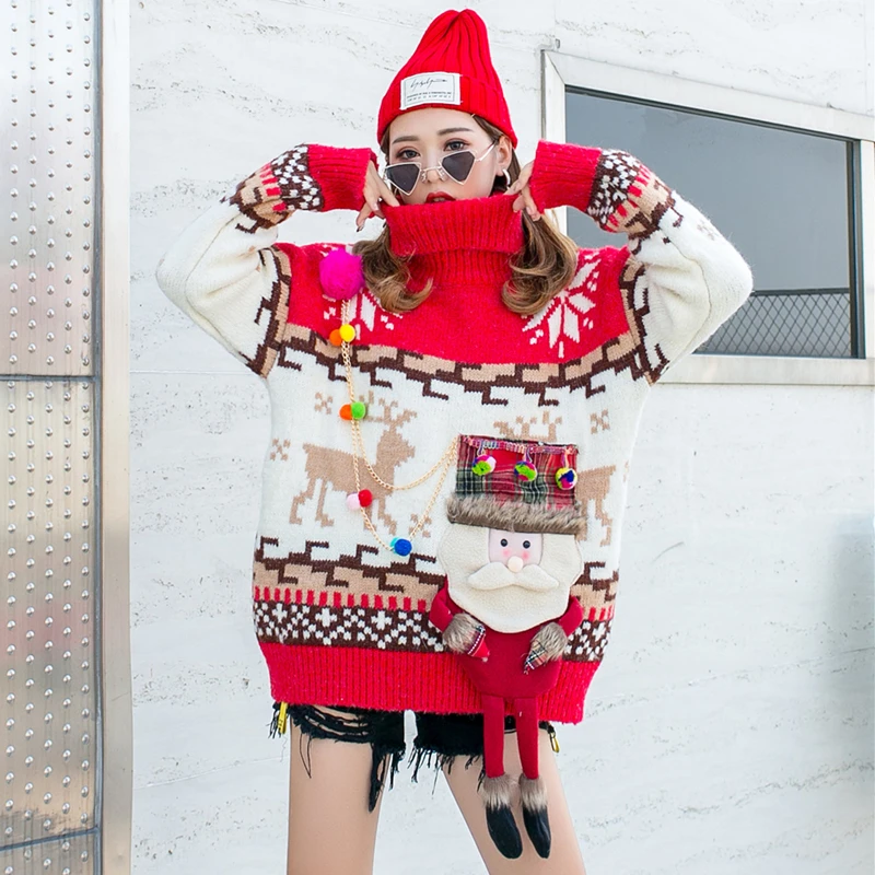 Брендовый Рождественский женский свитер с высоким воротником для тяжелой работы