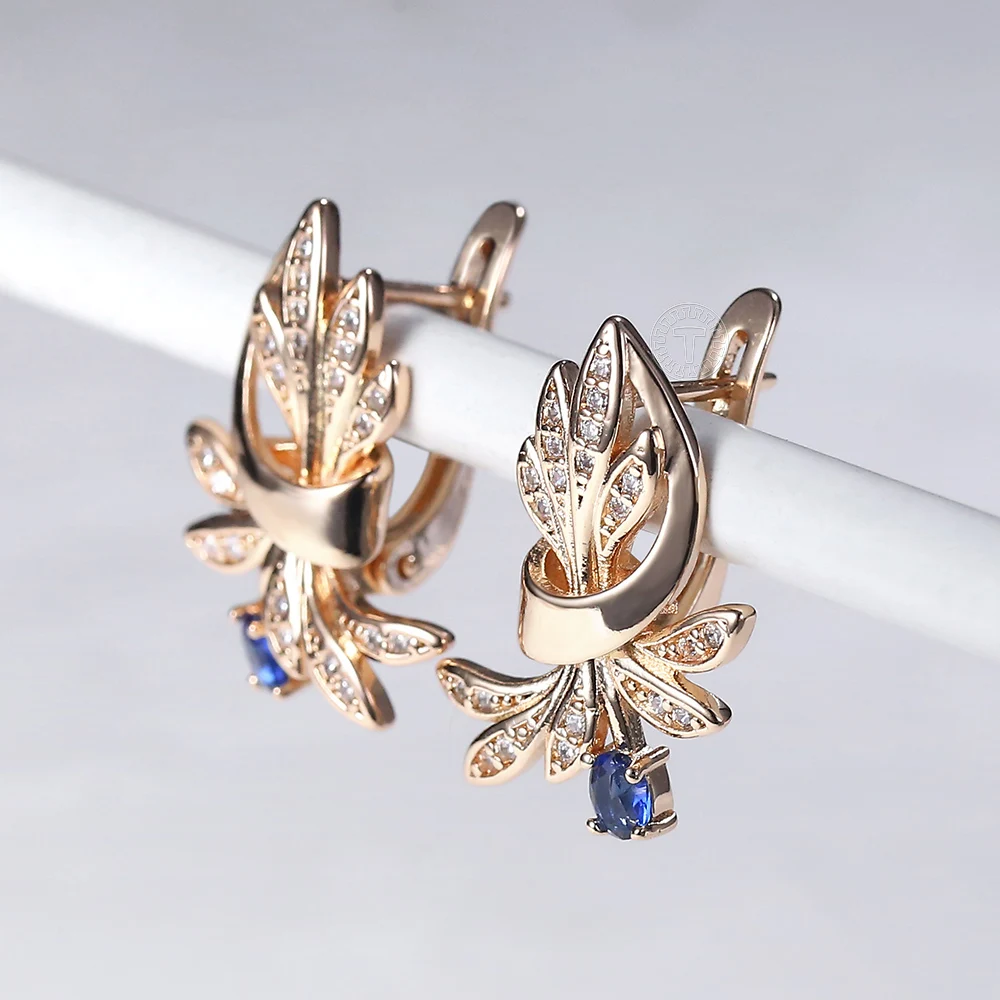 

Dangle Earrings For Women 585 Rose Gold Flower Leaf CZ Blue Stone Girls Drop Earrings Elegant Lady Fashion Jewelry LGE336