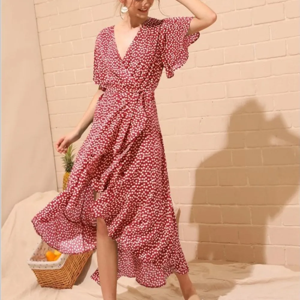 

summer Beach Maxi Dress Women Floral Print Boho Long Dress Ruffles Wrap Casual V-neck Split Sexy Party Dress Robe Femme