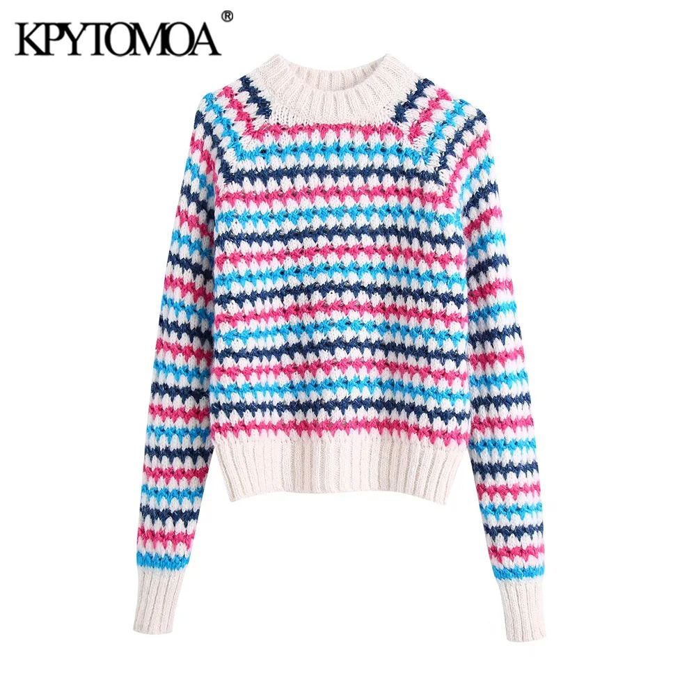 

KPYTOMOA женский модный трикотажный свитер с ребристой отделкой в полоску винтажные женские пуловеры с круглым вырезом и длинным рукавом шикар...