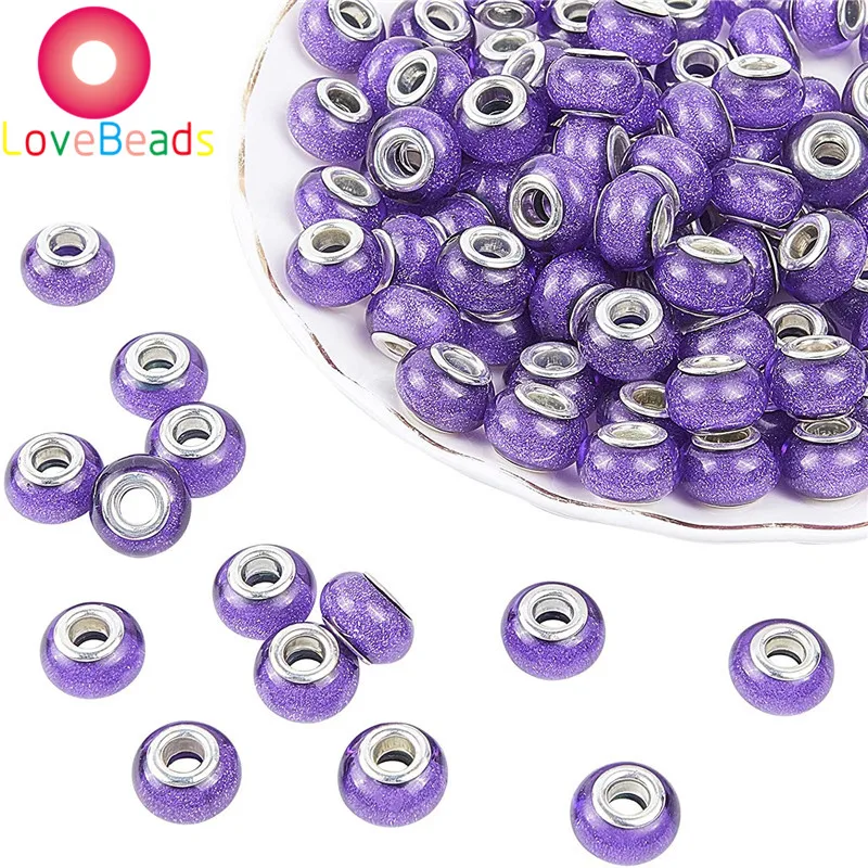 

10Pcs Lot Purple Color Glitter Muranos Large Hole Rondelle European Spacer Beads Fit Pandora Bracelet Women DIY Earrings Jewelry