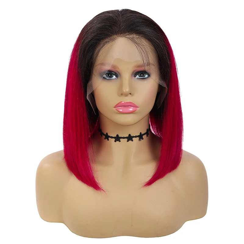 13x4 Lace Front Human Hair Wigs Ombre 99J/Burgundy RedWine Short Bob Wig For Women Brazilian Straight 150% SOKU|Парик из