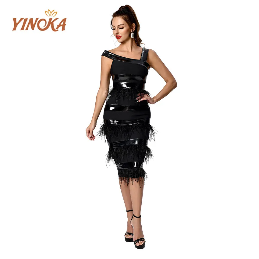 

Сексуальные бандажные платья Yinoka для женщин, Черная Женская вечерняя одежда с кисточками, роскошное элегантное облегающее Платье До Колена...
