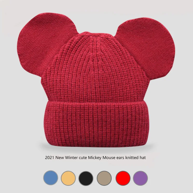 

NEW 2021 fashion Cute mickey bunny ears for woman winter hat solid color autumn beanies best matched Warm soft bonnet skullies