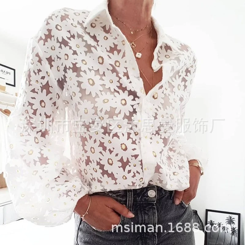 

2021 ladies chiffon shirt lapel floral print sexy see-through long-sleeved tops fashion women's tops new summer leisure