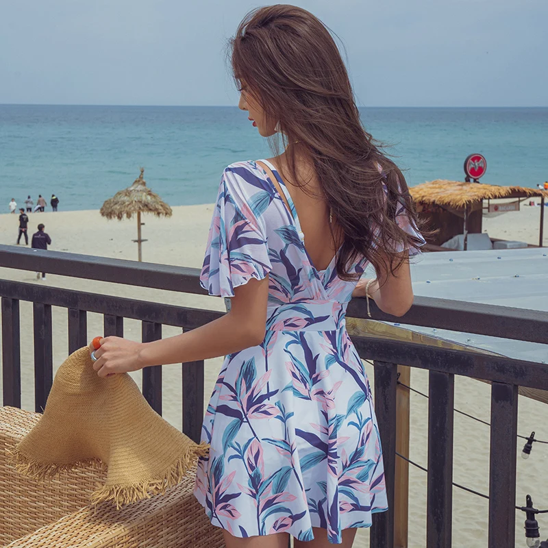 swimsuit women short sleeve with skirt one piece floral printed Monokini Push Up Swim Suit Korea Style Trikini Bathing | Спорт и