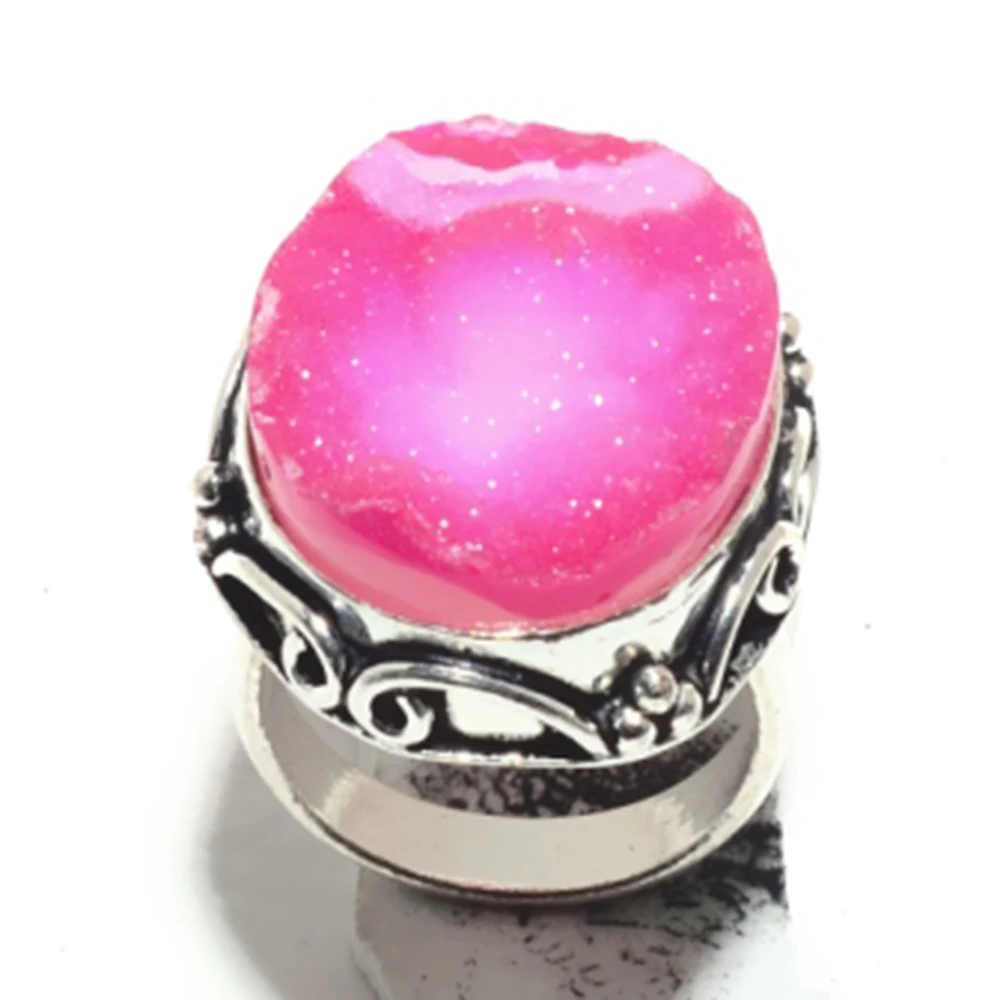 

Genuine Pink Druzy Ring Silver Overlay over Copper , Hand made Jewelry Women USA Size : 6.25