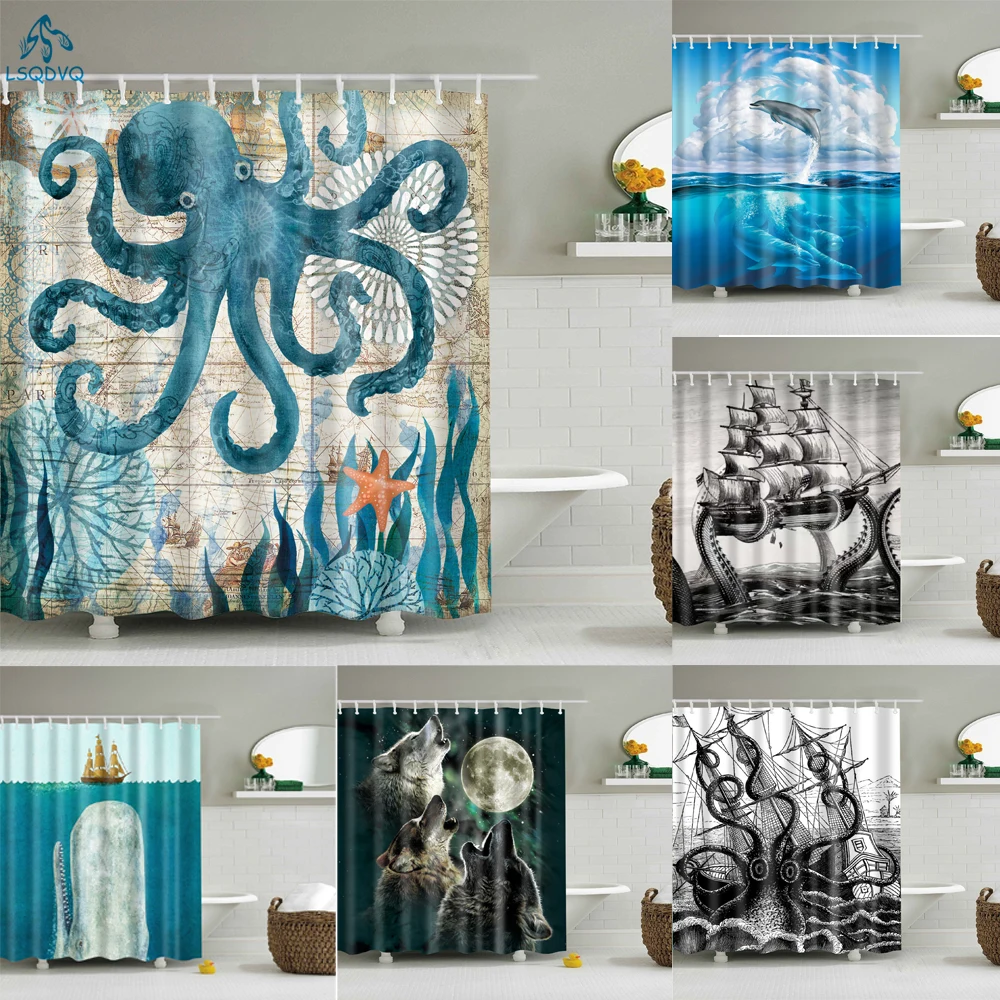 

Animals Octopus Wolf Lion Seahorse Turtle Shower Curtains Bathroom Curtain Frabic Waterproof Polyester Bathroom Curtain Hooks