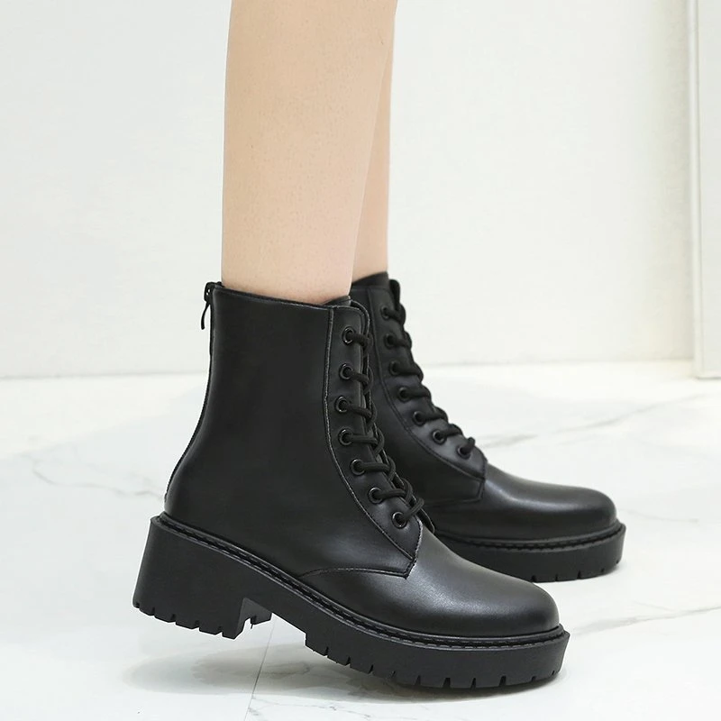 

Fashion Women Boots Autumn Winter Motorcycle Ankle Platform Boots Ladies Boots Black PU Leather Shoes Long Boots