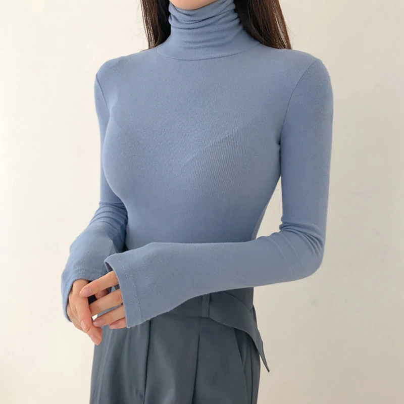 

Women's Tshirt Korean Fashion Long Sleeve Turtleneck Elasticity Soild Basic T-shirt Female Sexy Slim Cotton Tee Shirt Femme Tops