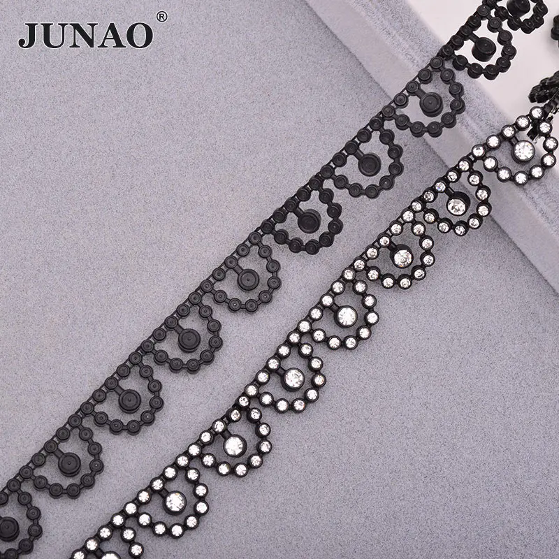 Half Round Black JUNAO, 1 ярд, прозрачные черные стразы для шитья, декоративная лента, кристальная лента для аппликации, Стразовая окантовка для одежды - Цвет: Half Round Black